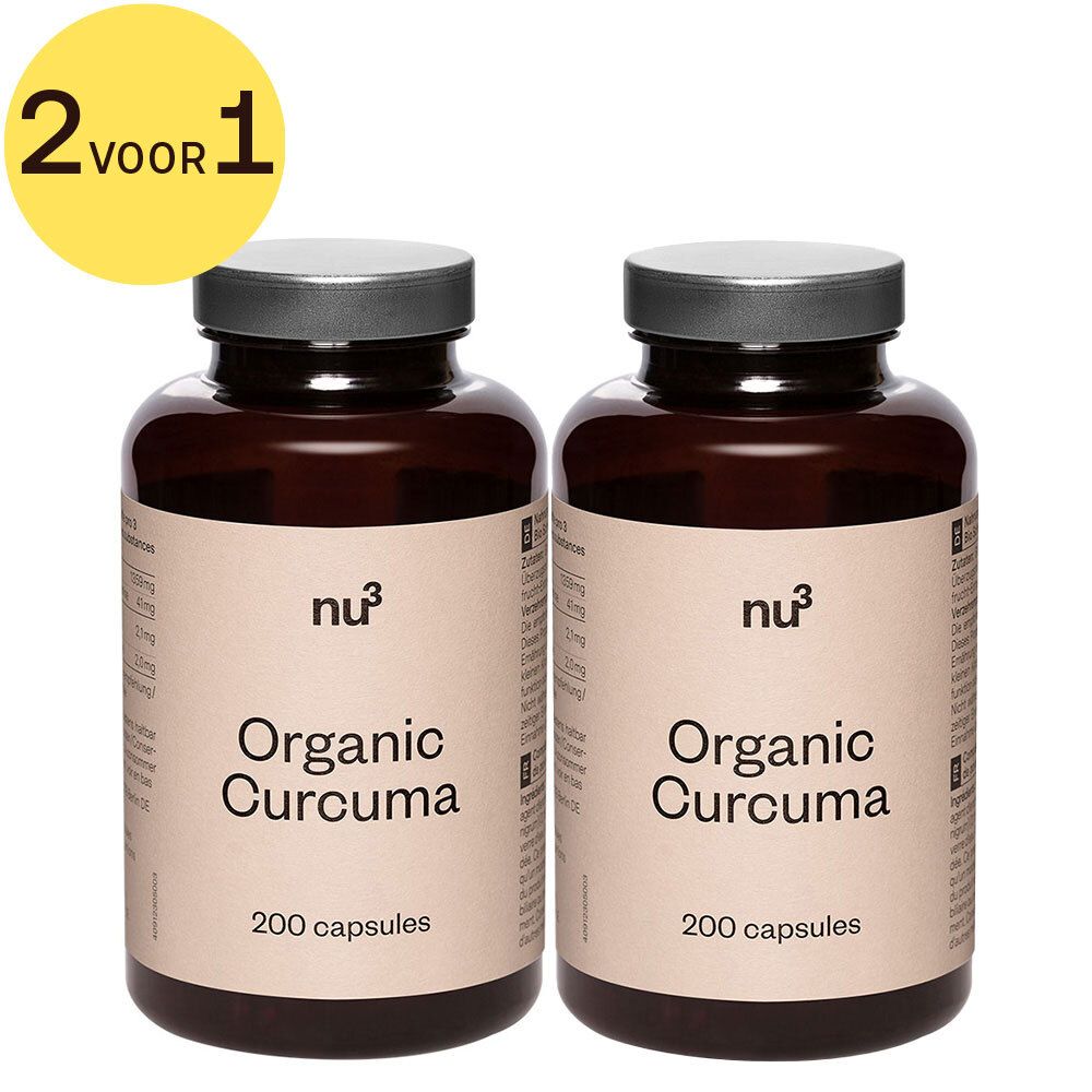 Twee flessen "nu3 Organic Curcuma" capsules. Opschrift: "200 capsules". Geel label: "2 voor 1".