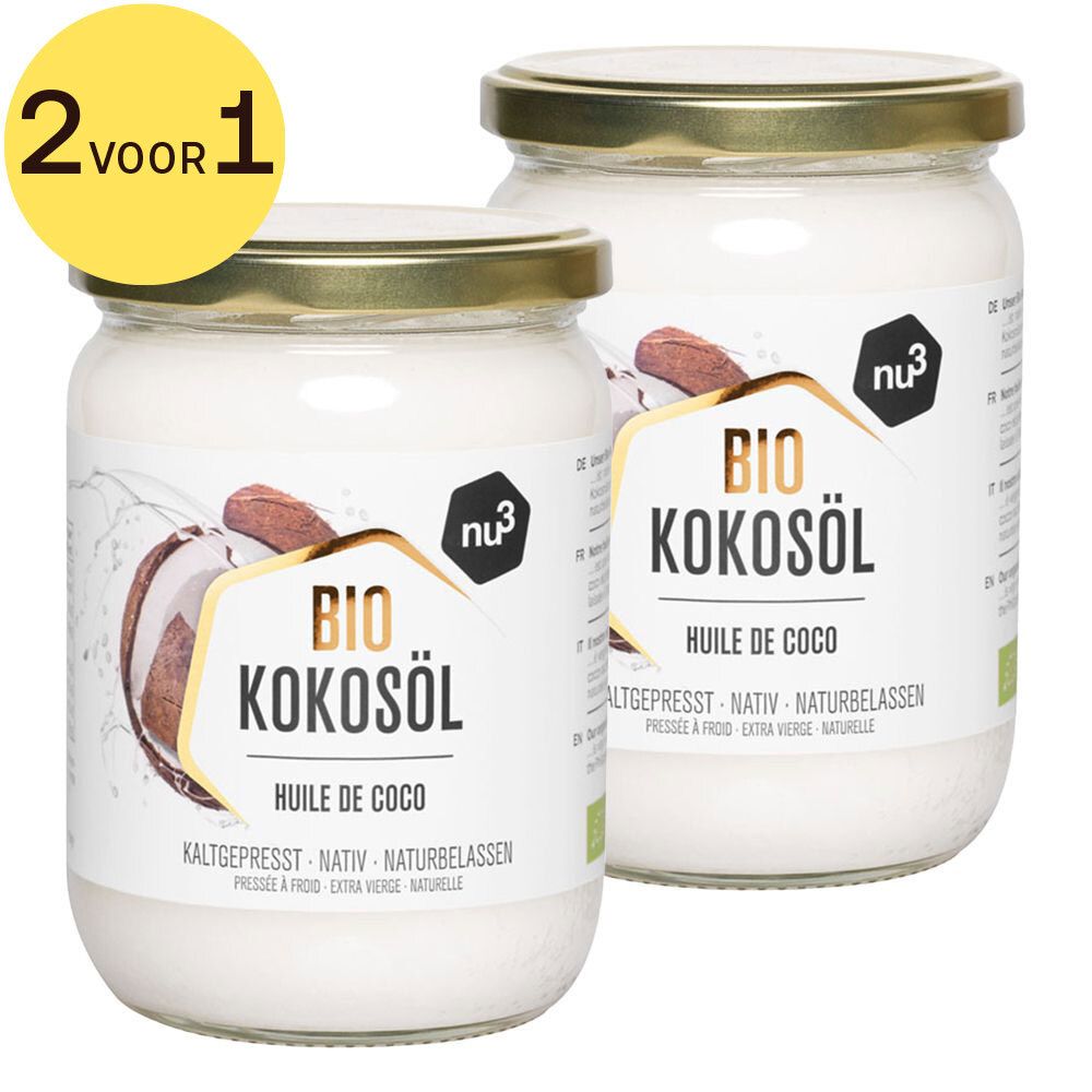 Twee potten kokosolie met etiket. Opschrift: BIO Kokosöl, Huile de Coco. Gele sticker: 2 voor 1.