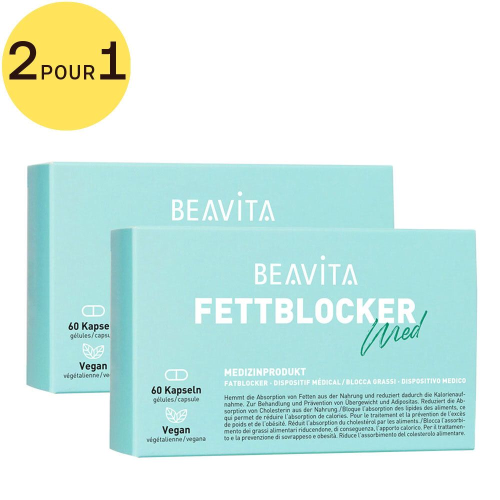 Deux boîtes de Beavita Bloqueur de Graisses. Boîtes bleu clair avec texte blanc. Inscription: 60 gélules, Vegan.