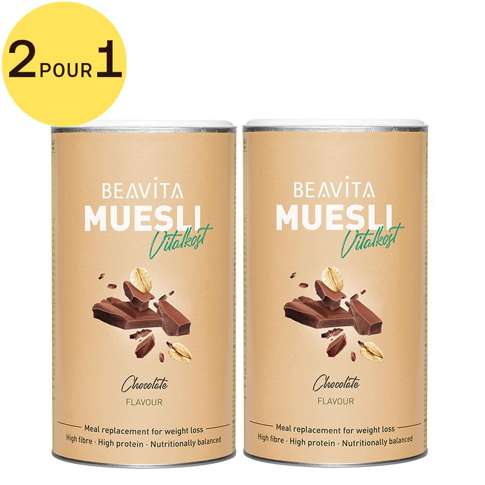 Deux boîtes de Beavita Muesli Vitalkost Chocolat, avec autocollant 2 pour 1. Inscription : Chocolate Flavour. Substitut de repas pour la perte de poids.