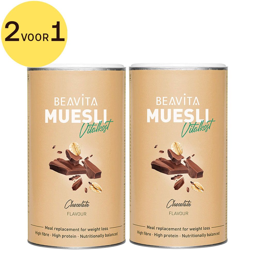 Twee blikken Beavita Muesli Vitalkost Chocolat, met 2 voor 1 sticker. Opschrift: Chocolate Flavour. Maaltijdvervanger voor gewichtsverlies.