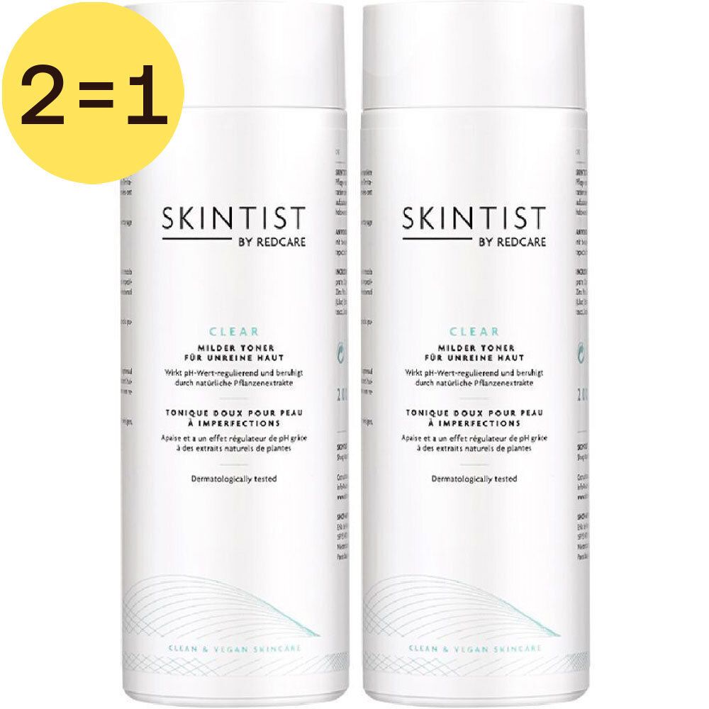 Twee flessen Skintist Clear Toner. Label "2=1". Wit flesontwerp met productinformatie.