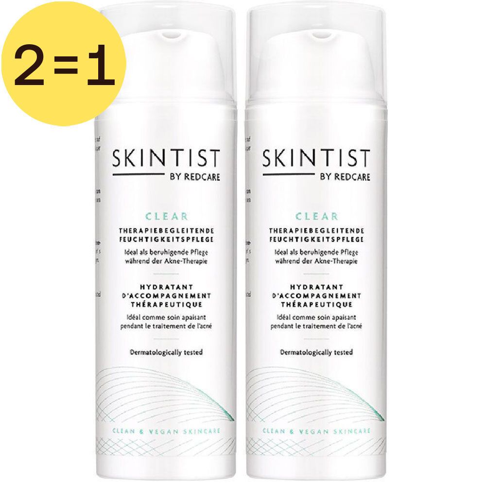 Twee witte flessen met etiket. Opschrift: Skintist Clear, 2=1 aanbieding.