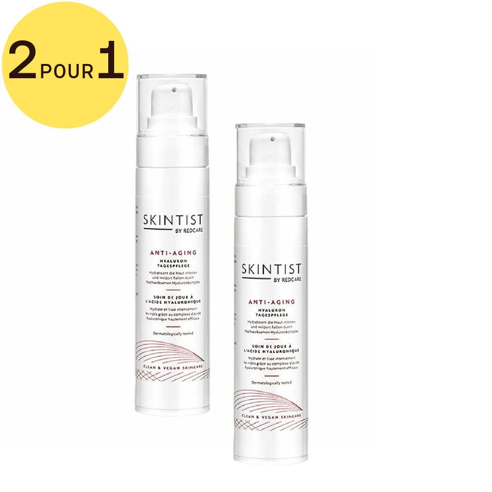Deux flacons de soin de jour Skintist Anti-Âge à l'acide hyaluronique. Symbole jaune 2 POUR 1.