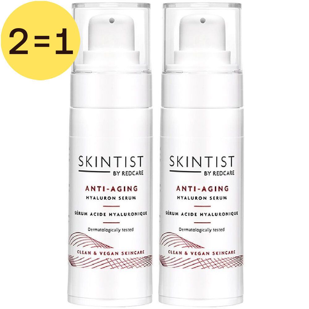 Twee witte flessen met pomp. Opschrift: Skintist Anti-Aging Hyaluron Serum. Geel label: 2=1.