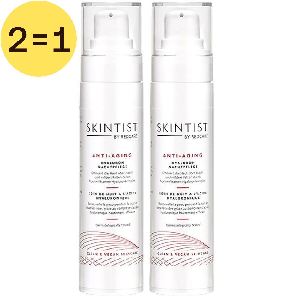 Twee flessen Skintist Anti-Aging Nachtcrème. Opschrift 2=1. Met hyaluronzuur. Van Redcare.