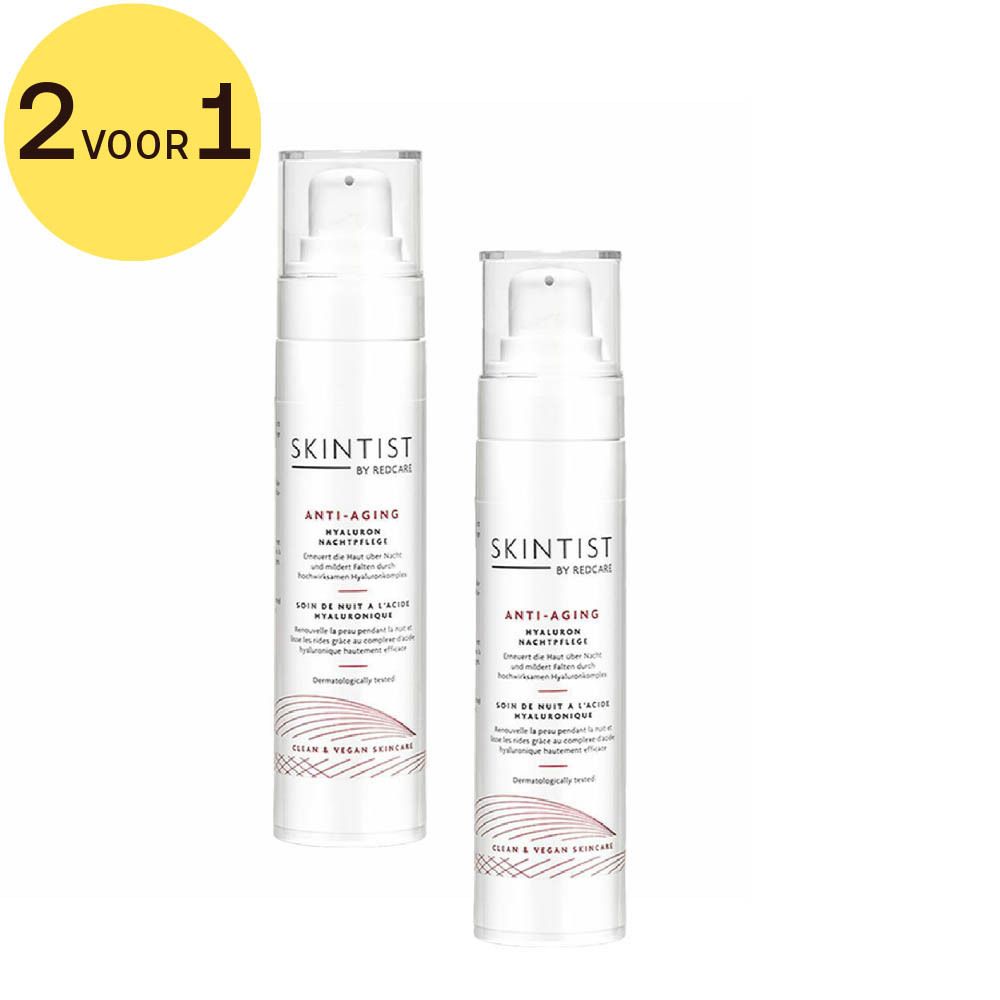 Twee flessen Skintist Anti-Aging Nachtcrème. Opschrift 2 voor 1. Met hyaluronzuur. Van Redcare.