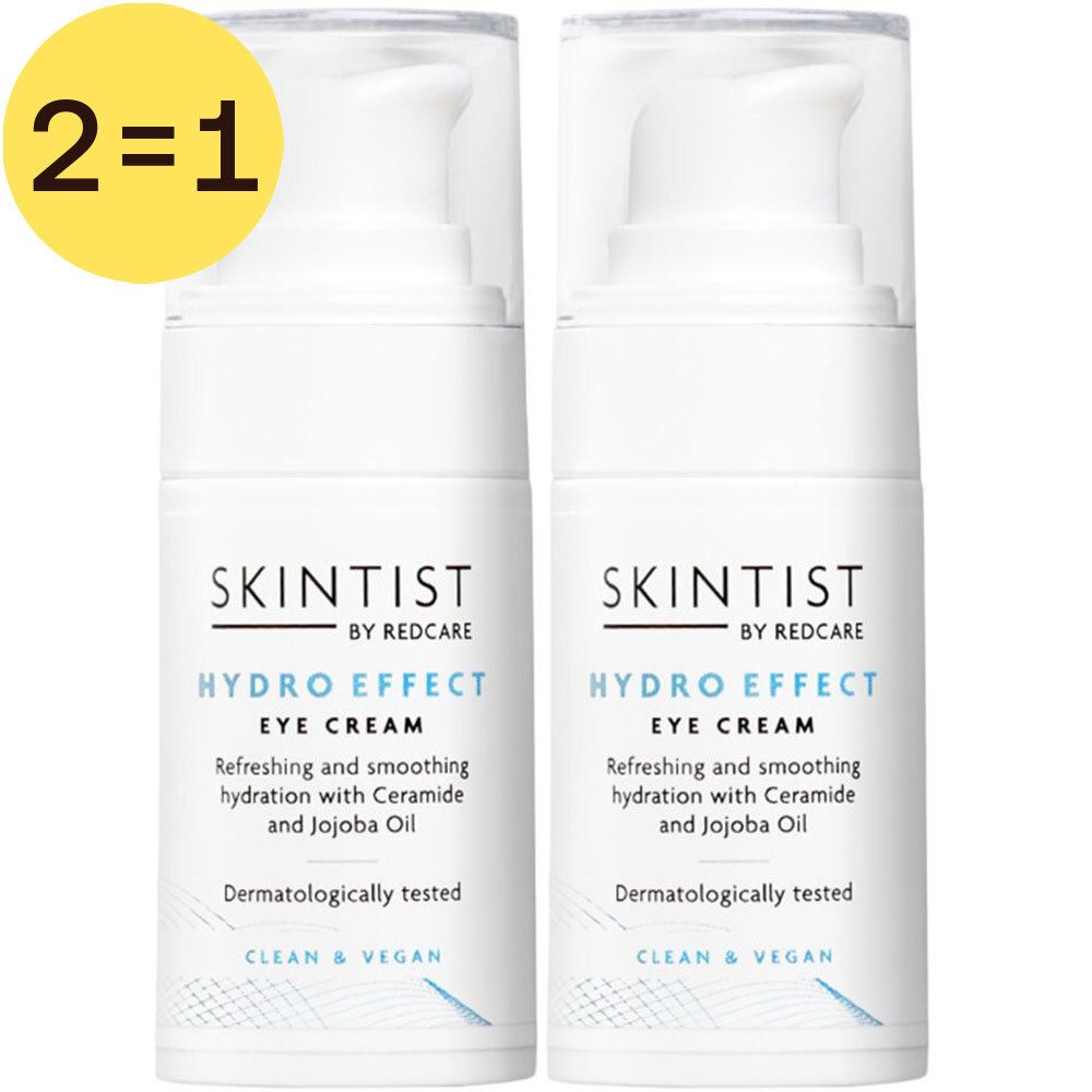 Deux flacons de crème pour les yeux Skintist Hydro Effect. Flacon blanc avec pompe, bouchon transparent. Autocollant jaune: 2=1.