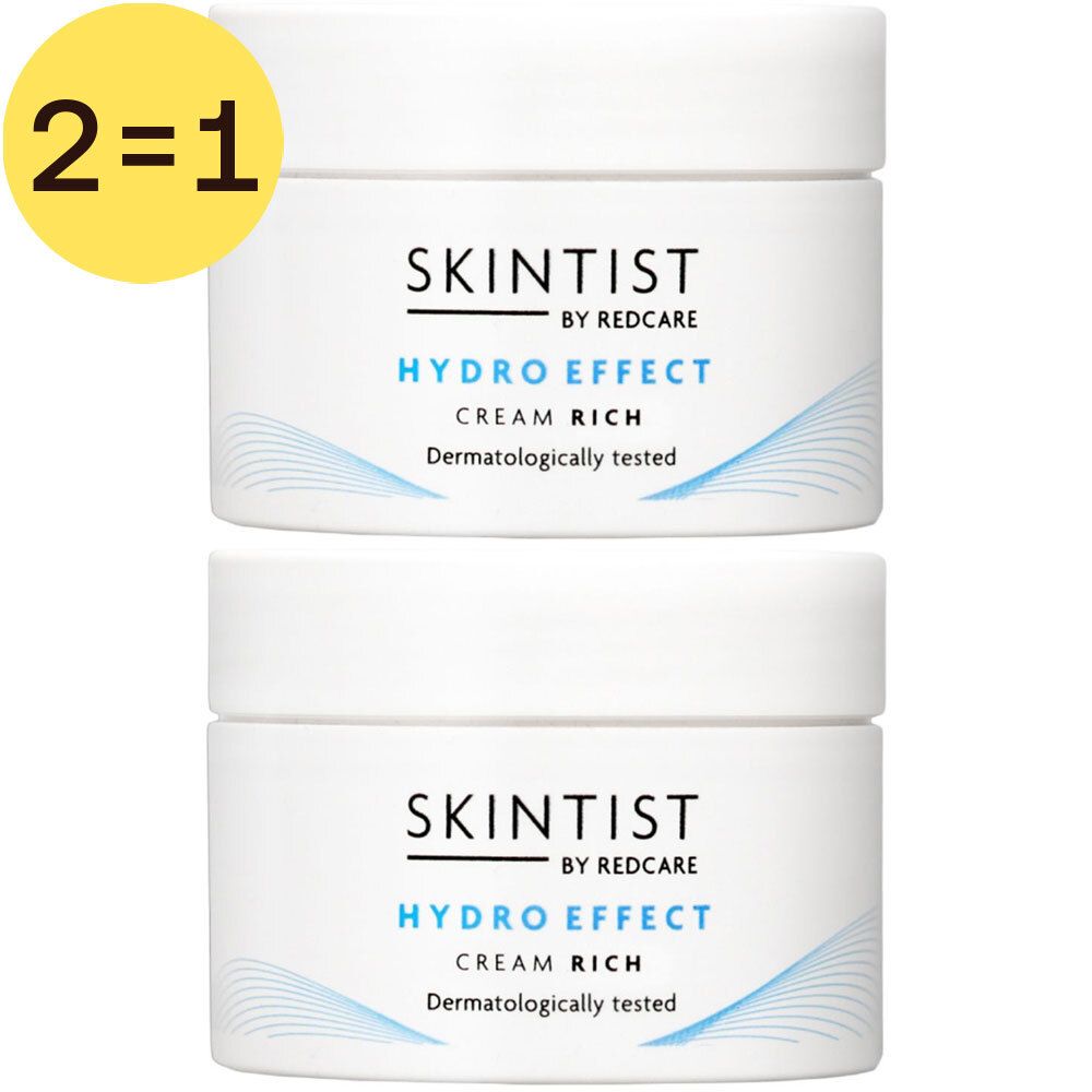 Twee witte potten Skintist Hydro Effect Crème Riche, met opschrift en 2=1 sticker.