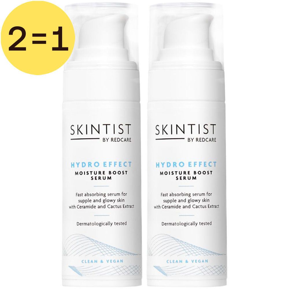 Twee witte serumflessen. Opschrift: Skintist Hydro Effect Moisture Boost Serum. Sticker 2=1.