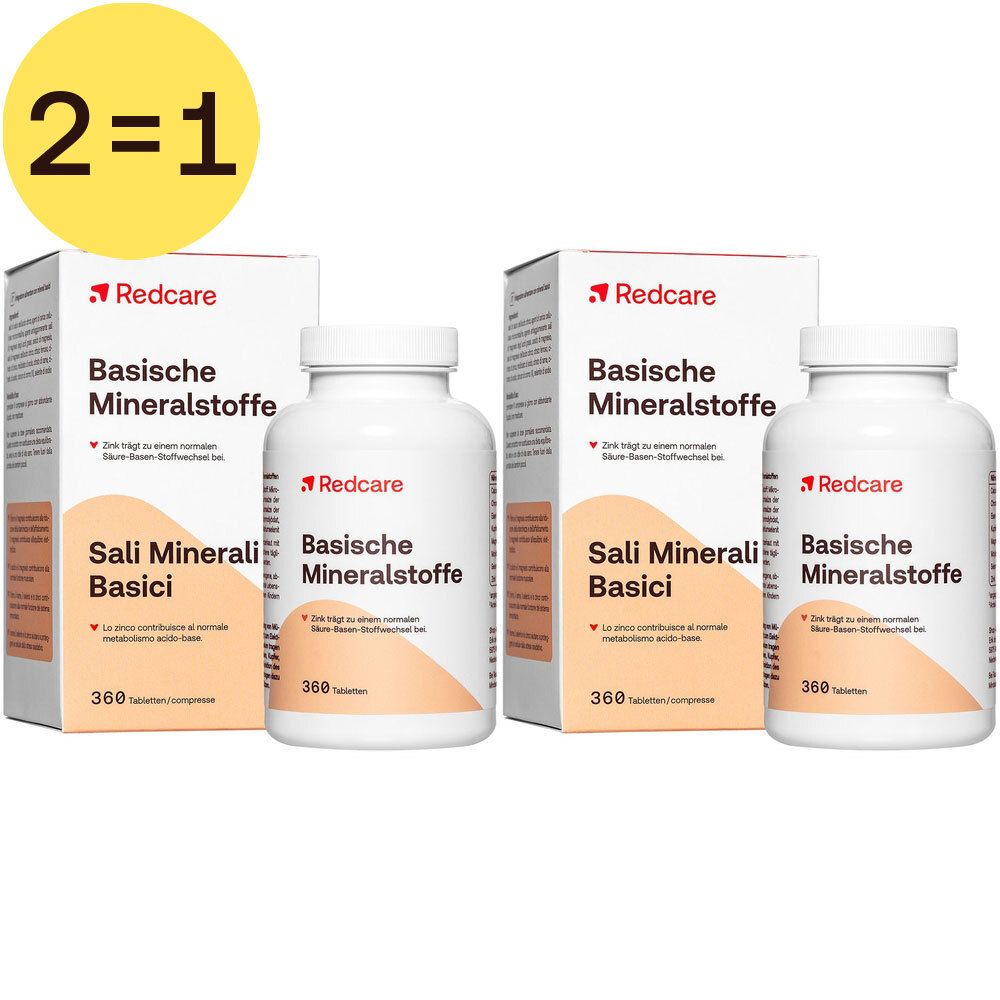 Twee dozen en twee flessen met tabletten. Opschrift: Basische Mineralstoffe, 360 tabletten. Gele cirkel: 2=1.