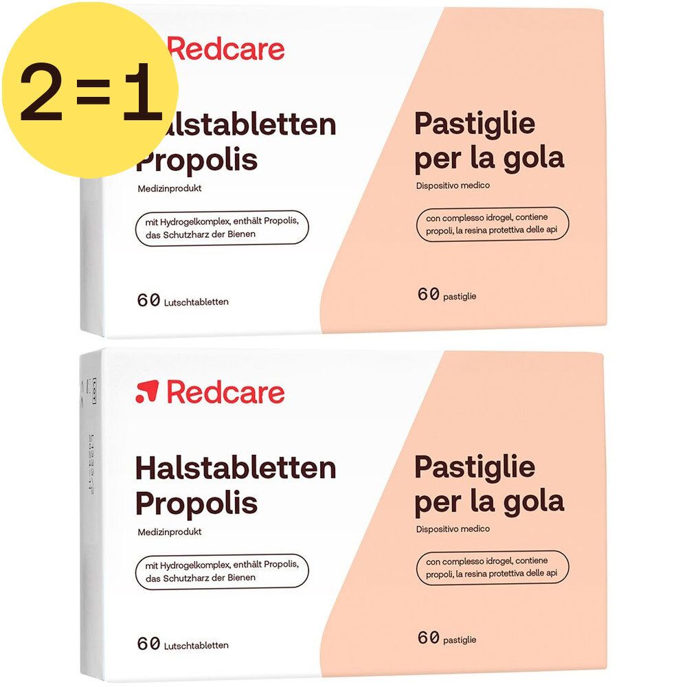 Deux boîtes de pastilles. Inscription: Redcare, Pastilles pour la gorge à la Propolis. Autocollant 2=1. 60 pastilles.