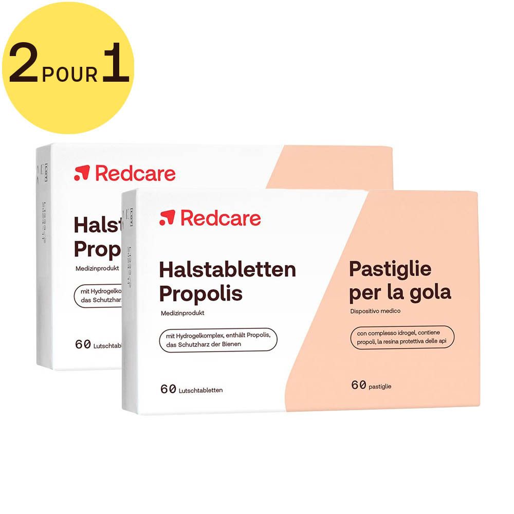 Deux boîtes de pastilles. Inscription: Redcare, Pastilles pour la gorge à la Propolis. Autocollant 2 POUR 1. 60 pastilles.