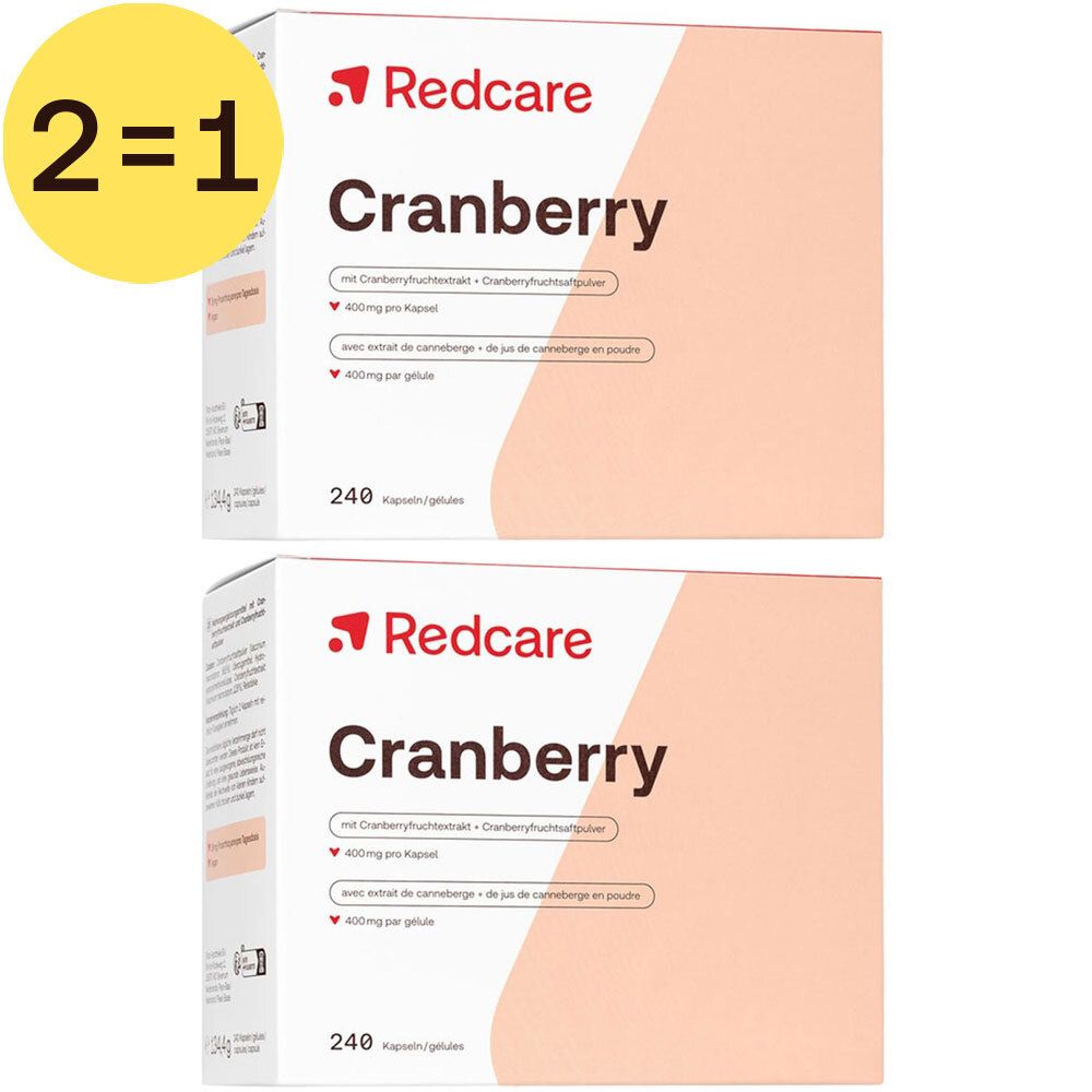 Twee dozen Redcare Cranberry. Opschrift Cranberry, 400 mg per capsule. 240 capsules per doos. Geel 2=1 symbool.