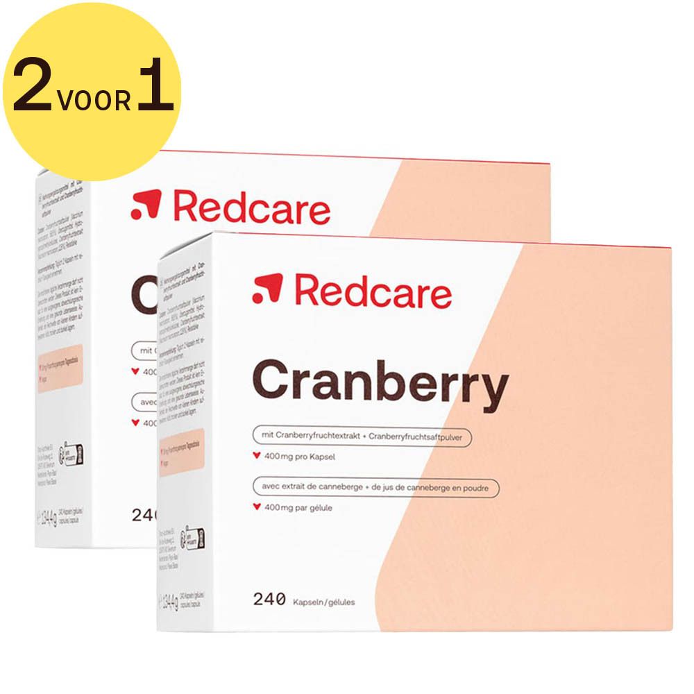 Twee dozen Redcare Cranberry. Opschrift Cranberry, 400 mg per capsule. 240 capsules. Geel 2 VOOR 1 symbool.