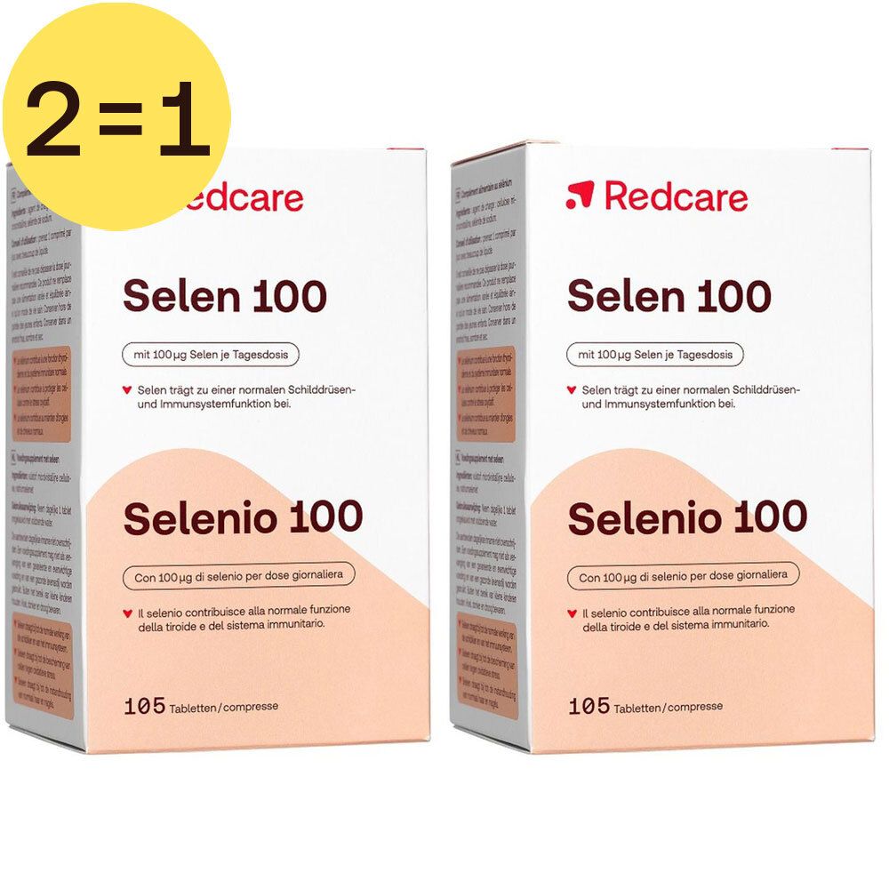 Deux boîtes de "Selen 100". Logo "Redcare". Texte en allemand et italien. Autocollant "2=1".