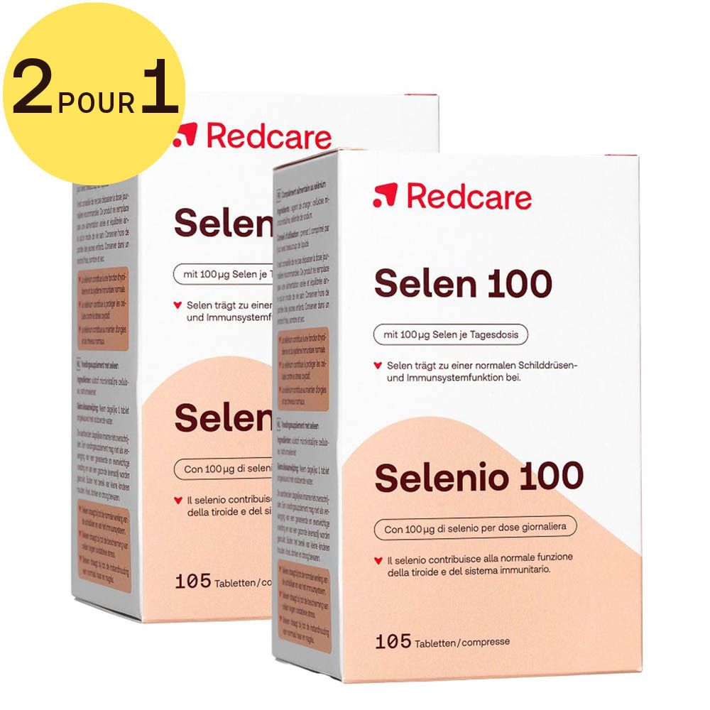 Deux boîtes "Selen 100". Logo "Redcare". Texte en allemand et italien. Autocollant "2 POUR 1".
