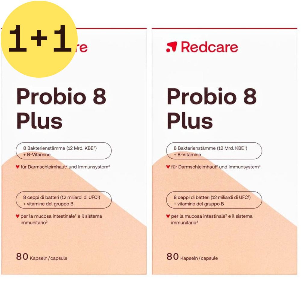 Twee verpakkingen Redcare Probio 8 Plus. Opschrift: 8 bacteriestammen, vitamine B. 80 capsules per verpakking.