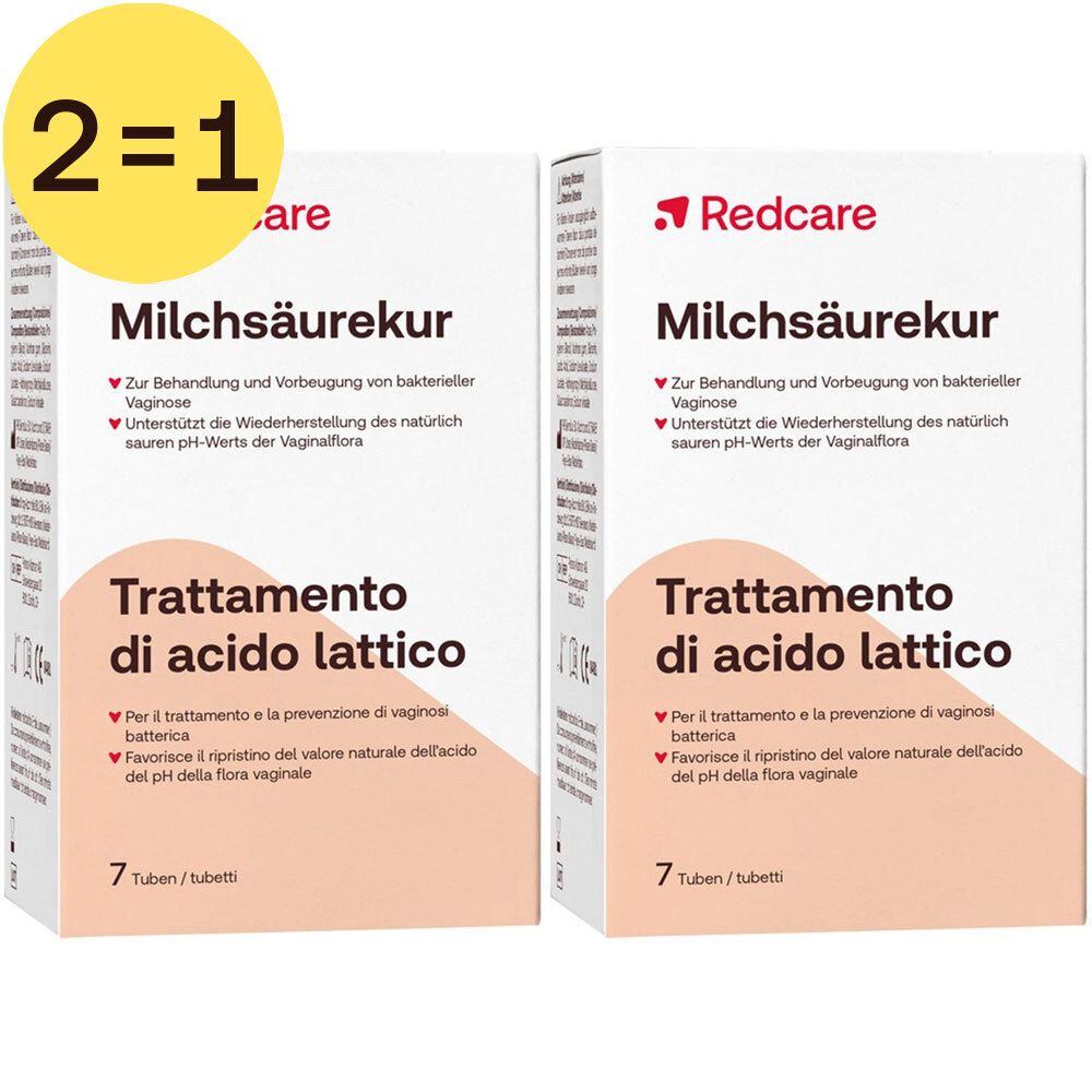Twee dozen met productopdrukken. Linksboven: "2=1". Opschrift: "Redcare Milchsäurekur". Tekst in het Duits en Italiaans.