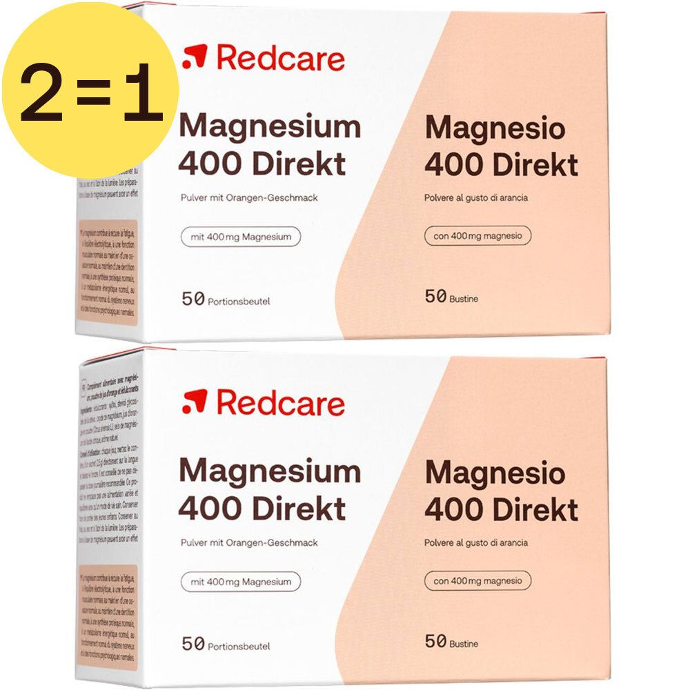 Deux boîtes de Redcare Magnésium 400 Direct. Inscription : Magnésium 400 Direct, poudre goût orange, avec 400 mg de magnésium, 50 sachets.