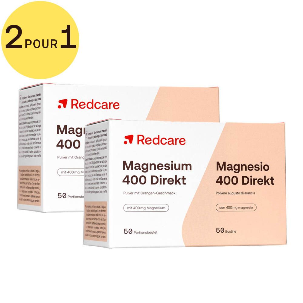 Deux boîtes de Redcare Magnésium 400 Direct. Inscription : Magnésium 400 Direct, poudre goût orange, avec 400 mg de magnésium, 50 sachets.