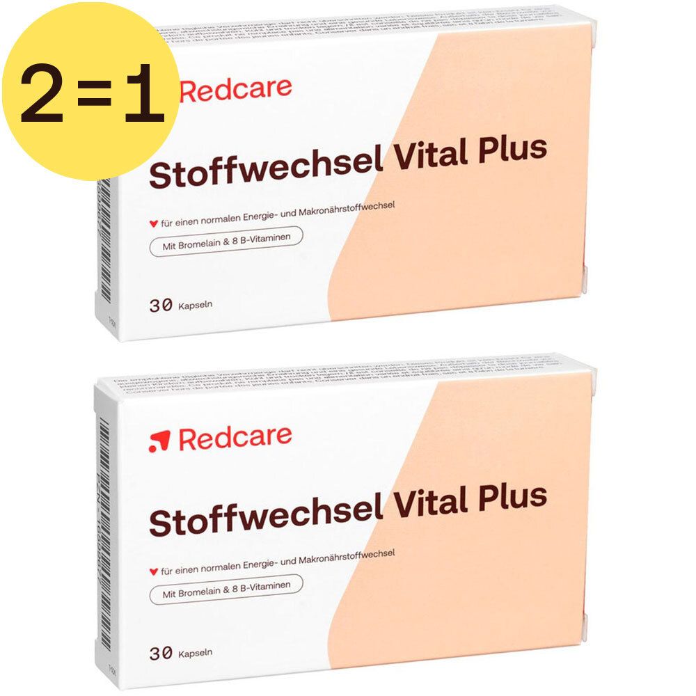 Deux boîtes de Redcare Métabolisme Vital Plus, 30 gélules. Inscription "2=1".