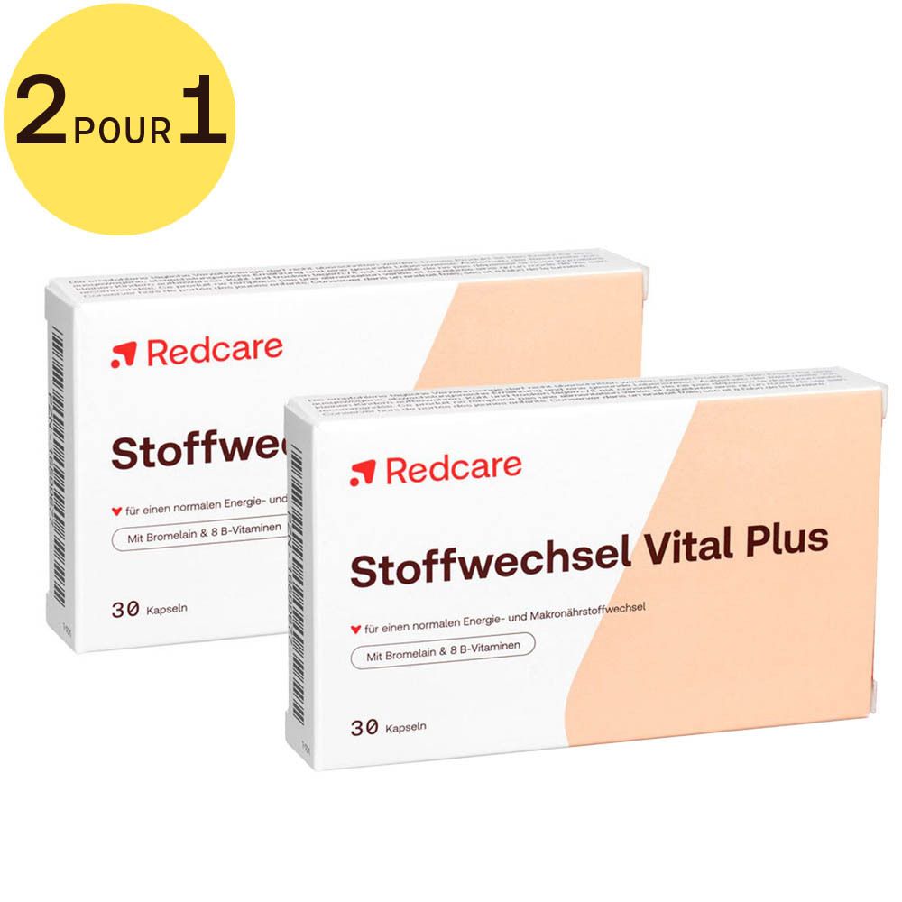 Deux boîtes de Redcare Métabolisme Vital Plus, 30 gélules. Inscription "2 pour 1".