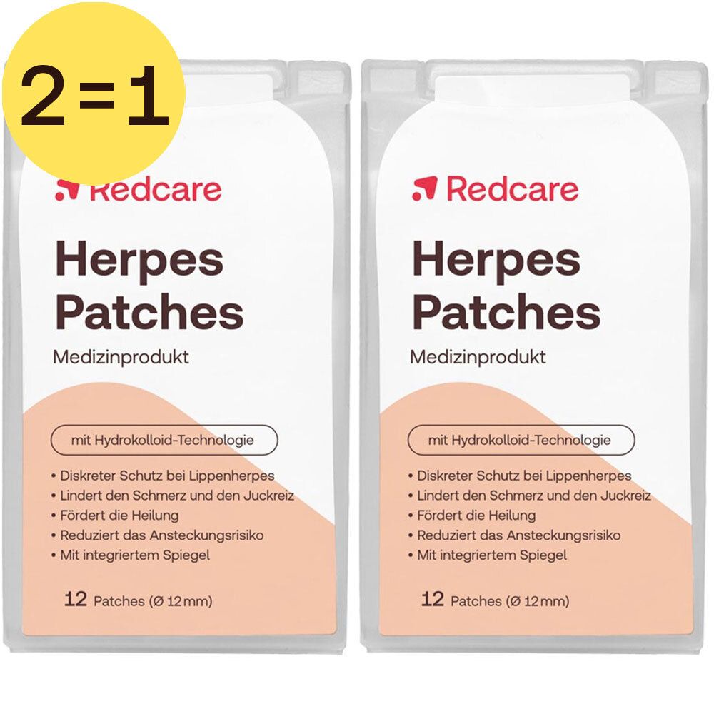 Deux paquets de patchs Redcare Herpes. Chaque paquet contient 12 patchs (Ø 12 mm).