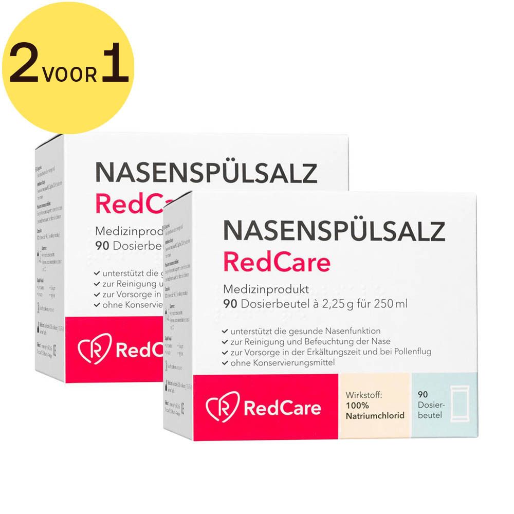 Twee witte dozen met rode tekst. Opschrift: NASENSPÜLSALZ RedCare. Sticker 2 voor 1.