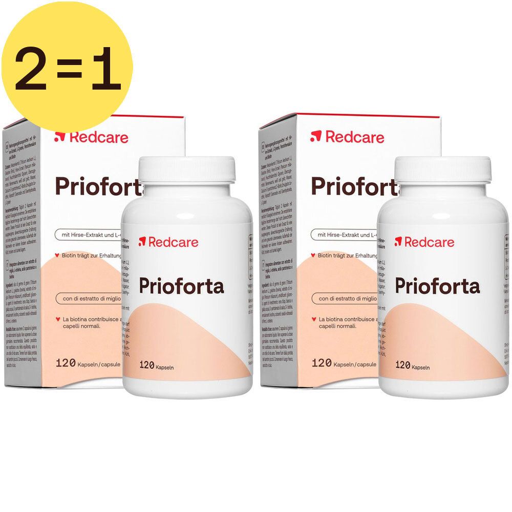 Twee verpakkingen Redcare Prioforta met flessen en dozen. Opschrift: 2=1.