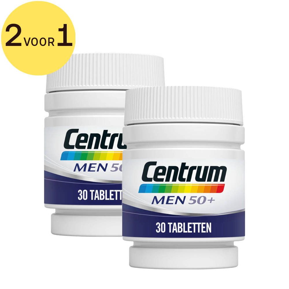 Twee witte flessen met "Centrum MEN 50+" en "30 tabletten". Gele sticker "1+1". 
