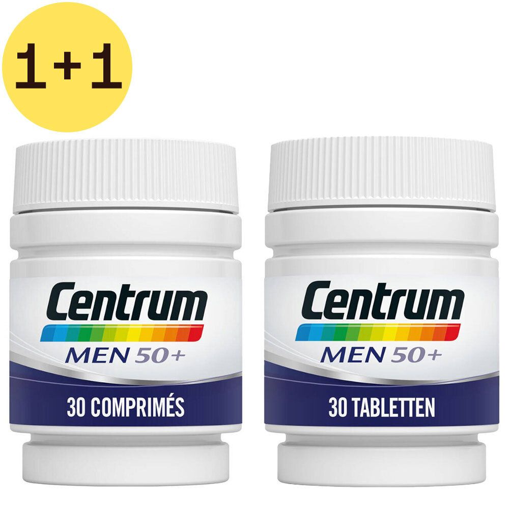 Twee witte flessen met "Centrum MEN 50+" en "30 tabletten". Gele sticker "1+1". 