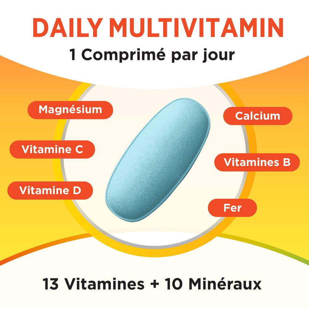 Deux boîtes "Centrum MEN 50+" avec icônes énergie, immunité, cœur, muscles, concentration.