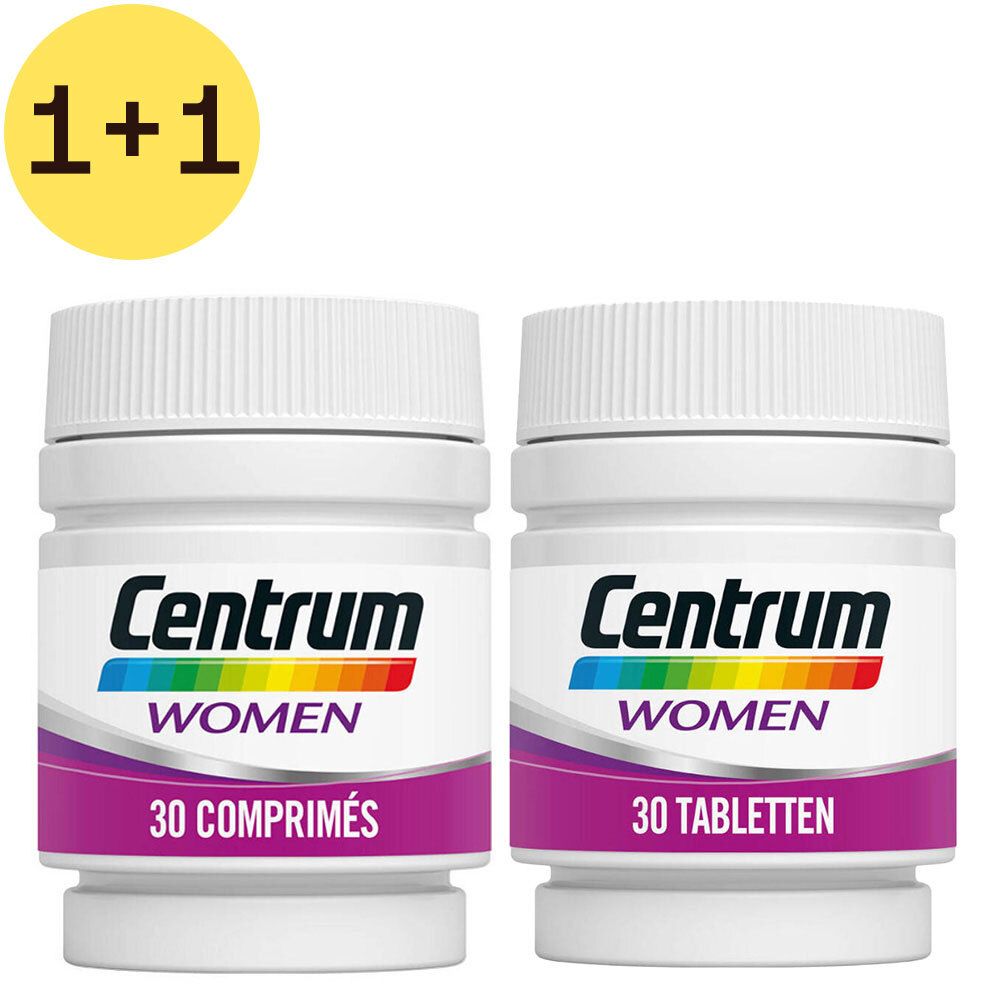 Deux flacons de Centrum Women, 30 comprimés chacun. Inscription : Centrum, Women, offre 1+1.