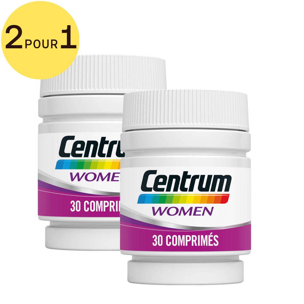 Deux flacons de Centrum Women, 30 comprimés chacun. Inscription : Centrum, Women, offre 2 pour 1.