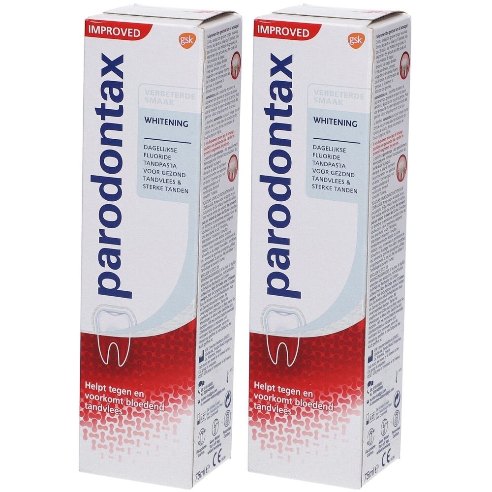 Deux tubes de dentifrice Parodontax Whitening. Emballage blanc et rouge. Contient du fluorure.