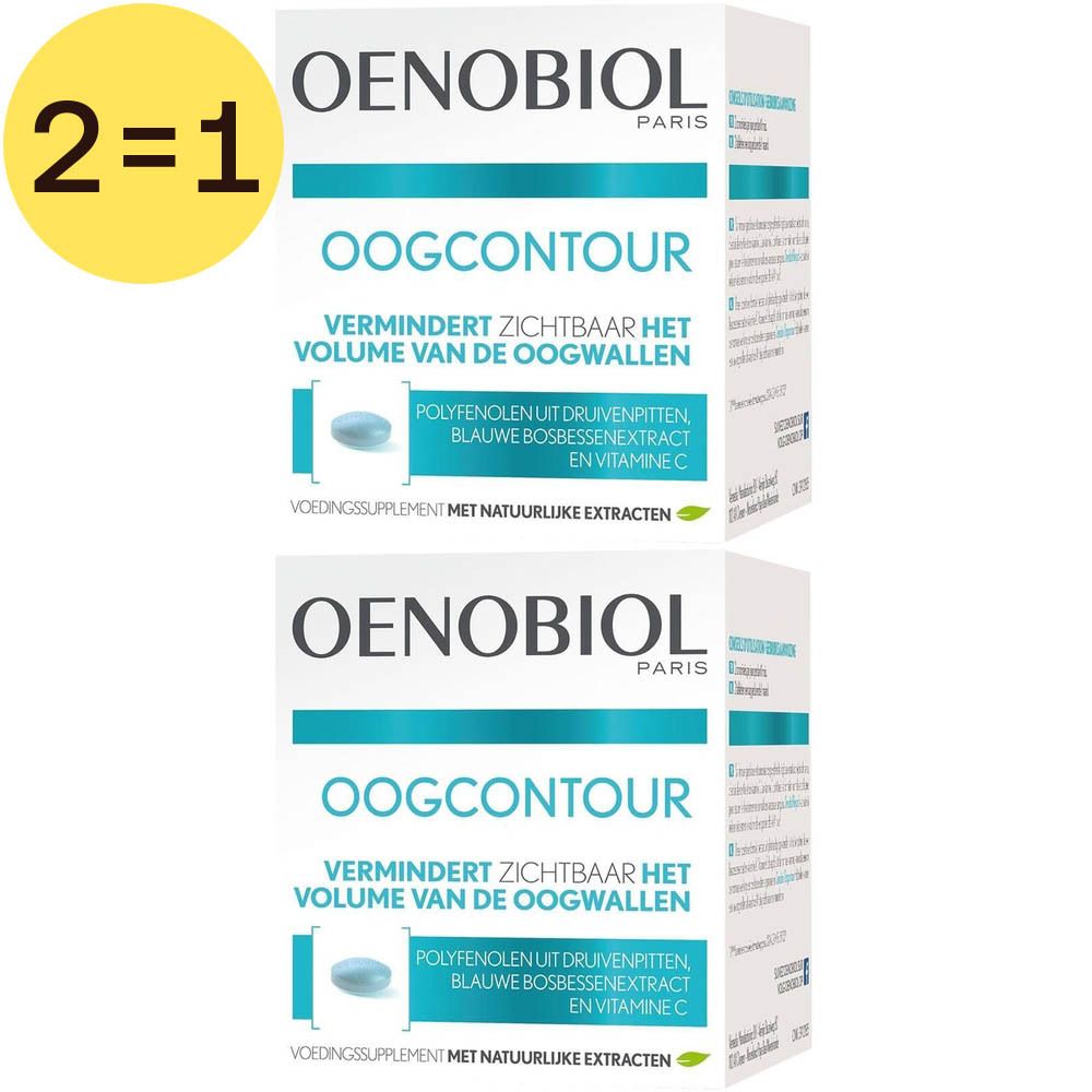 Twee Oenobiol-verpakkingen. Opschrift: Oogcontour, vermindert zichtbaar het volume van de oogwallen. Met 2=1-sticker.
