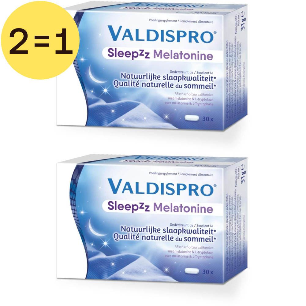 Deux boîtes de Valdispro Sleepzz Melatonine. Inscription "2=1". Emballage bleu et blanc avec motif lune et étoiles.