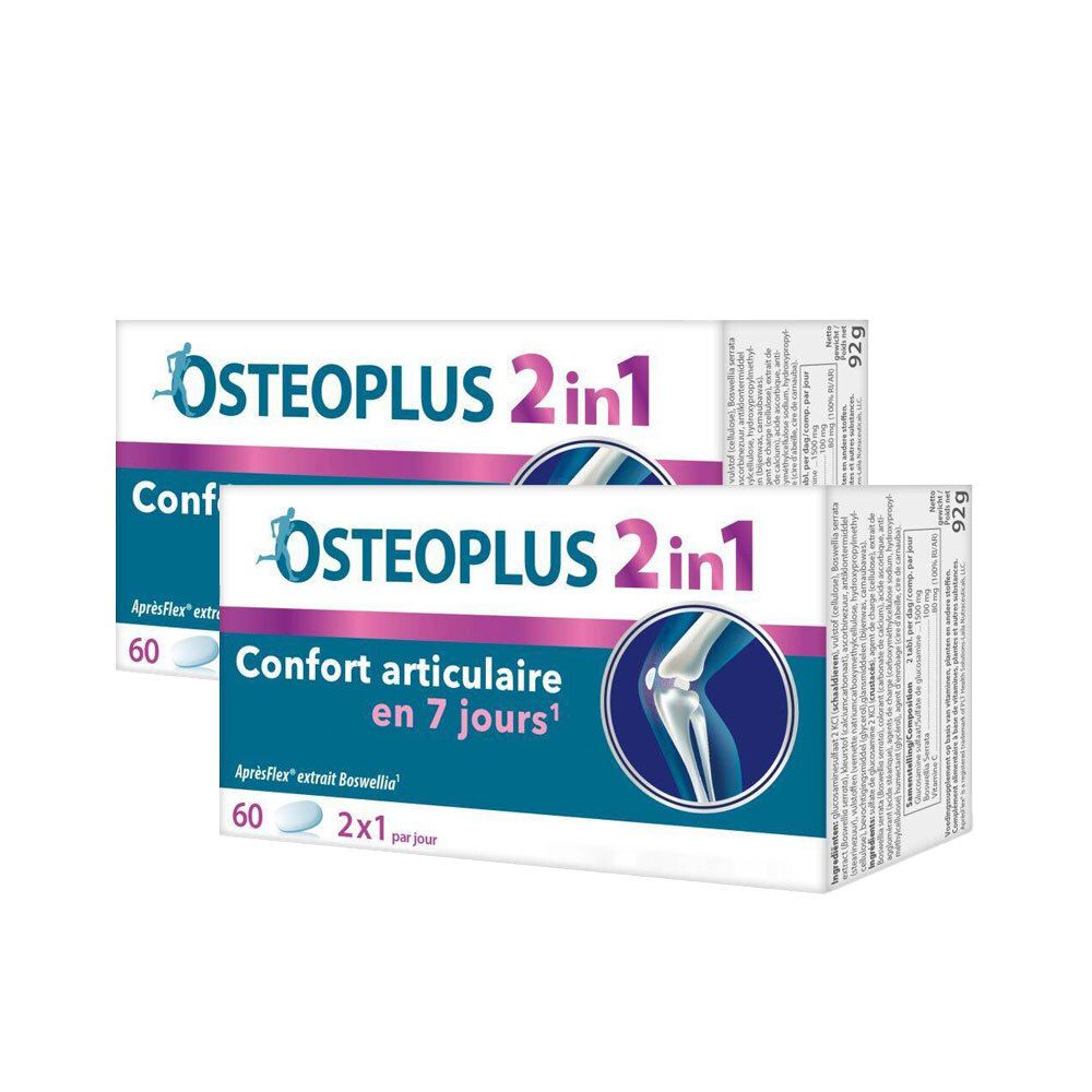 Deux boîtes d'Osteoplus 2 en 1. Confort articulaire en 7 jours. Contient 60 comprimés. Inscription 1+1 gratuit.