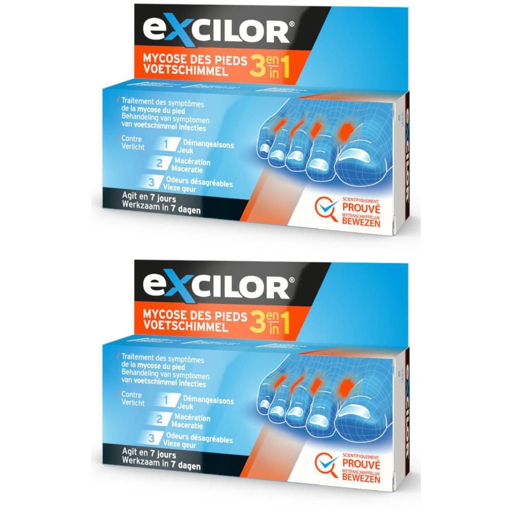 Deux boîtes Excilor Mycose 3-en-1. Emballage bleu et blanc avec nom du produit et illustration de pied. Contient des informations de traitement.