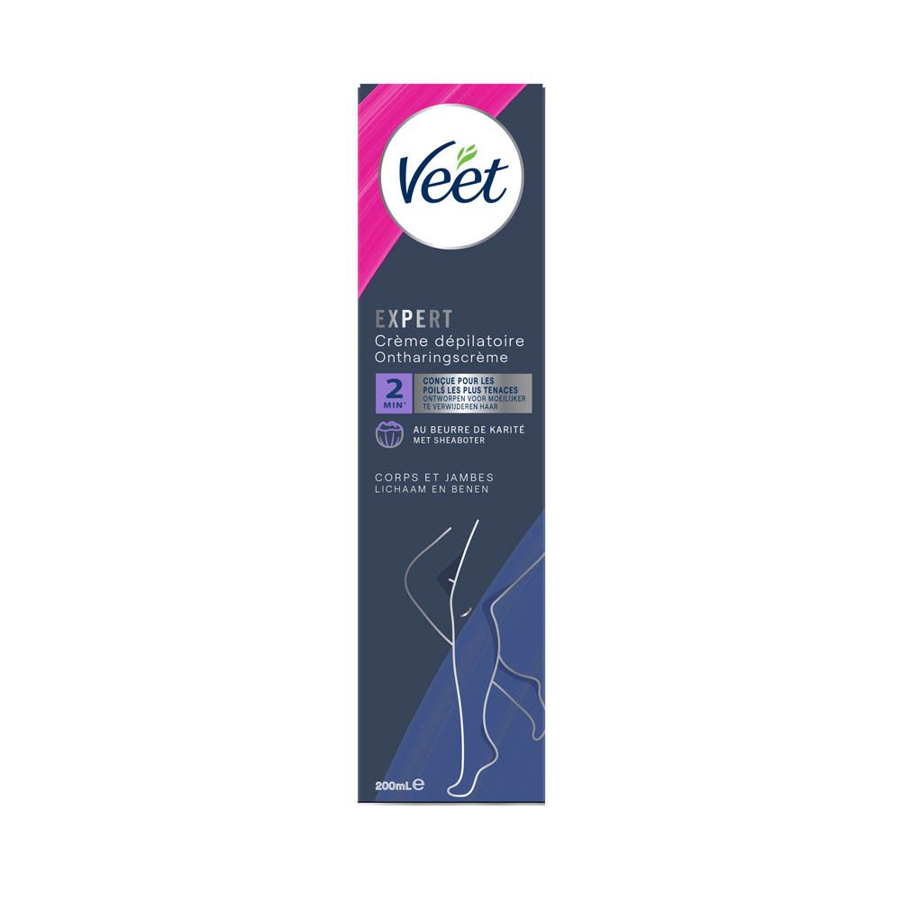 Veet Expert Crème Dépilatoire Corps et Jambes. Verpakking. Paars, wit, donkerblauw.