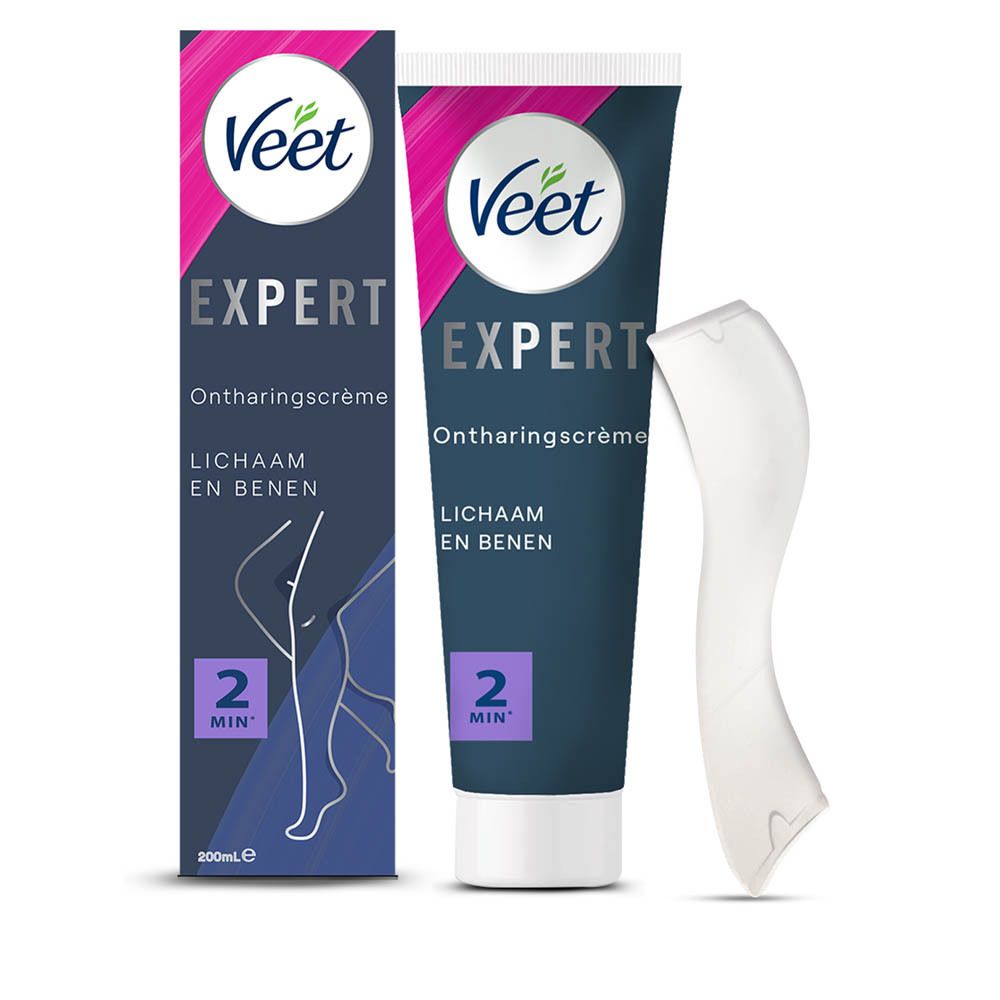 Veet Expert Crème Dépilatoire Corps et Jambes. Product en verpakking. Paars, wit, donkerblauw.
