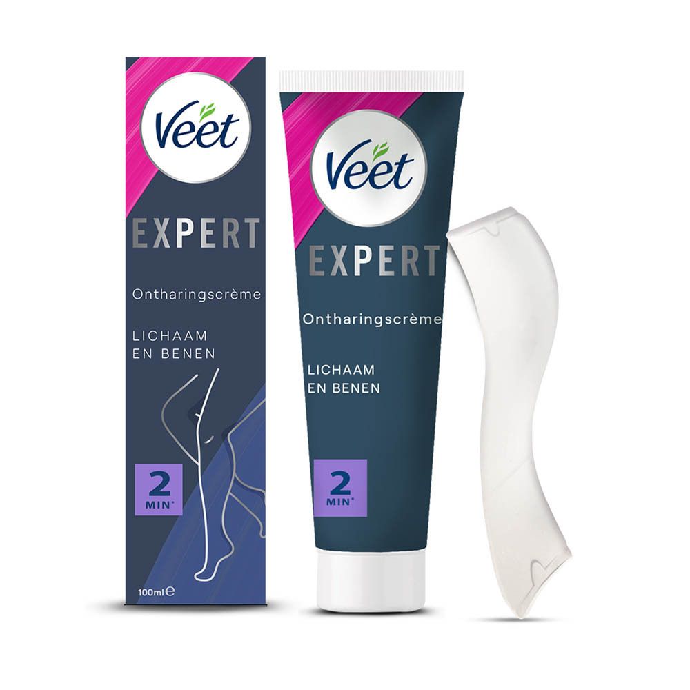 Veet Expert ontharingscrème tube en spatel. Logo en naam zichtbaar.