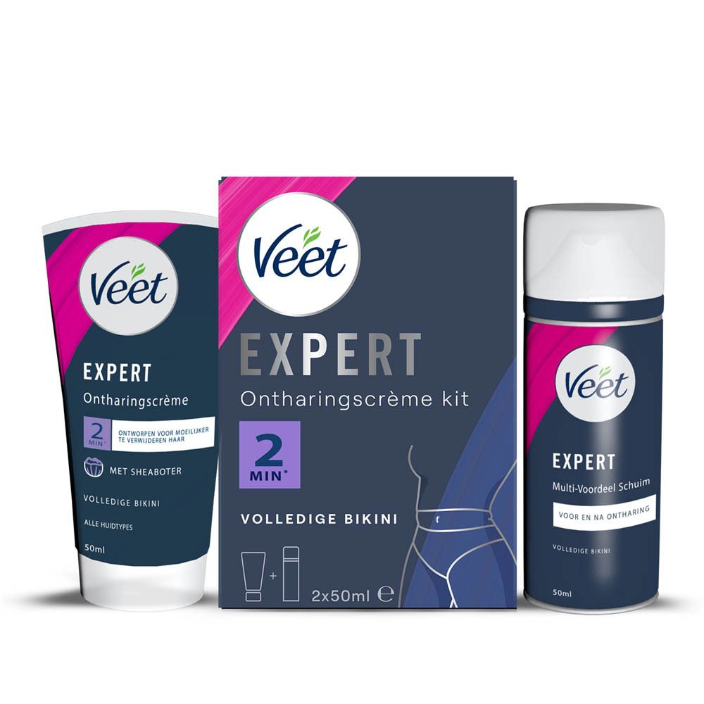 Veet Expert kit met crème, spatel en schuim. Productafbeelding. Voor de bikinilijn.