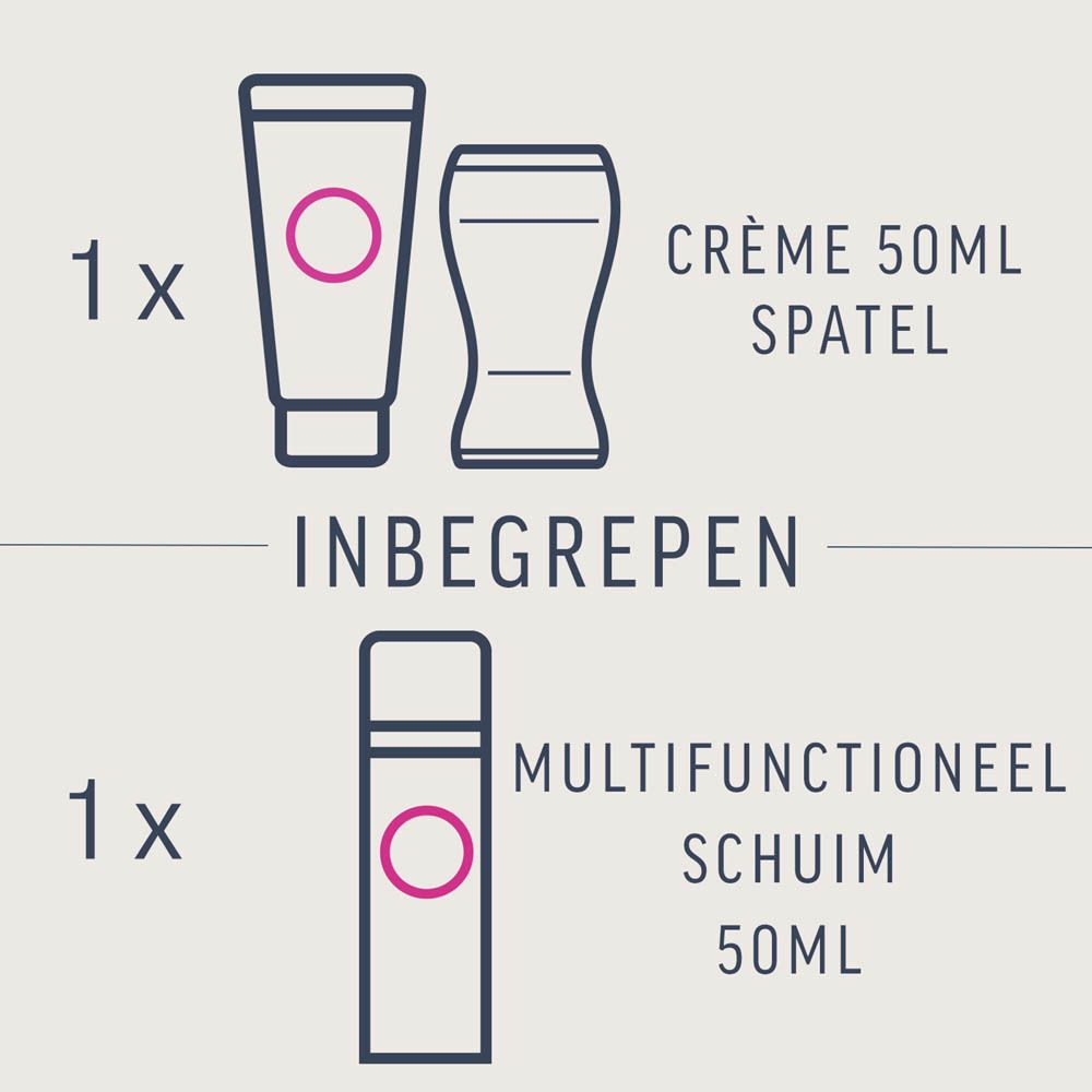 Grafiek met productafbeeldingen. Crème, spatel en multifunctioneel schuim. Voor ontharen.