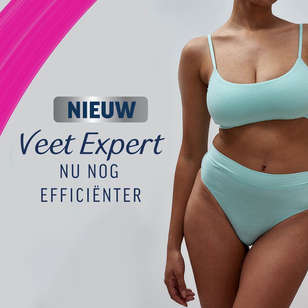 Vrouw in ondergoed. Veet Expert product. Tekst: Nieuw, nog efficiënter.