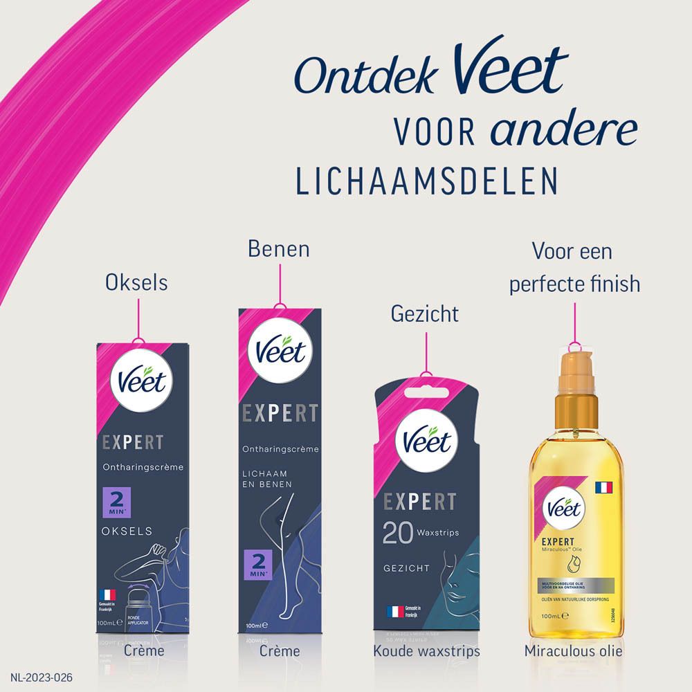 Grafiek met Veet Expert producten. Crème, waxstrips, olie. Voor verschillende lichaamsdelen.