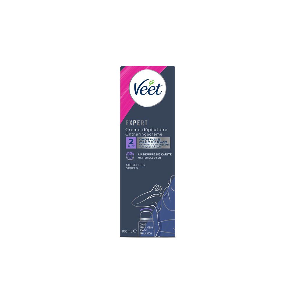 Veet Expert Crème Dépilatoire Aisselles. Tube avec informations produit. Logo rose et blanc. Fond noir avec illustration.
