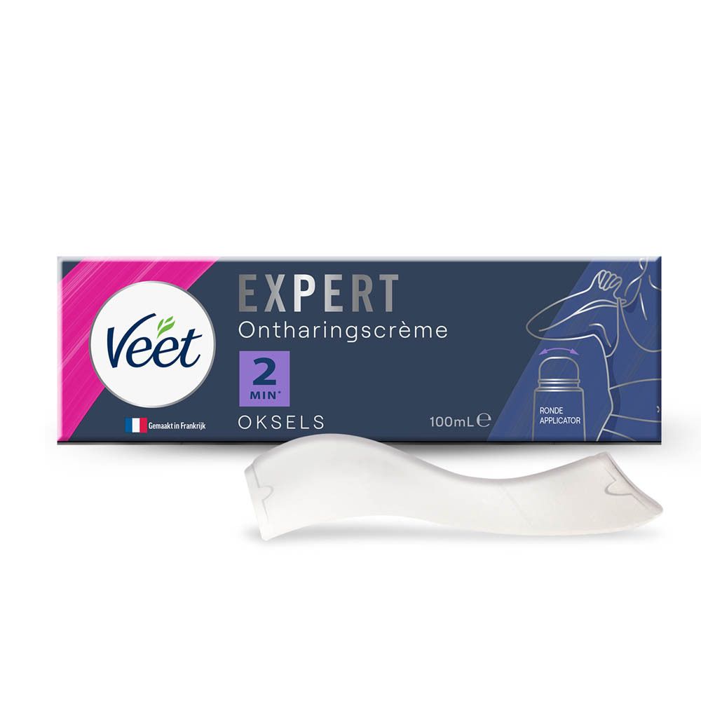 Veet Expert Ontharingscrème. Tube met spatel. Witte tube met roze logo. Plastic spatel.