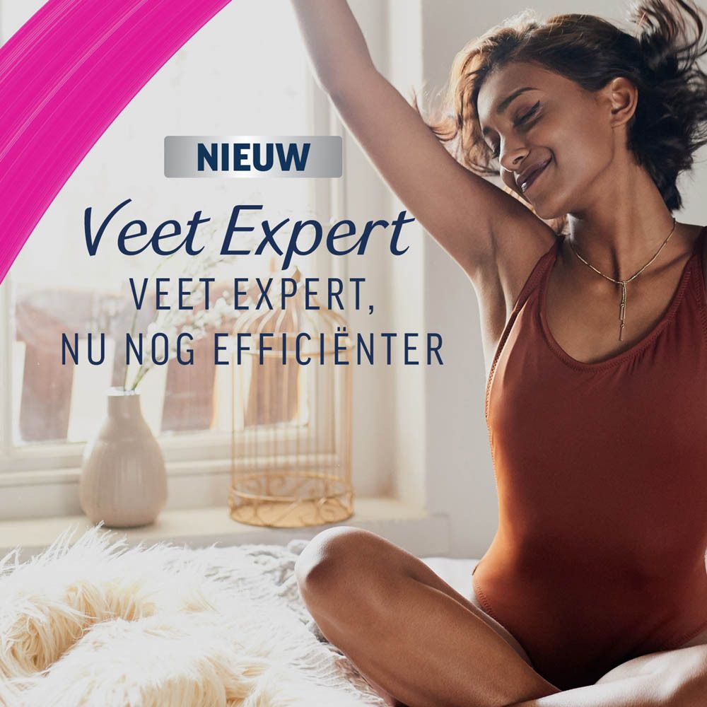 Veet Expert Crème Dépilatoire Aisselles. Verpakking. Roze en wit logo. Zwarte achtergrond.